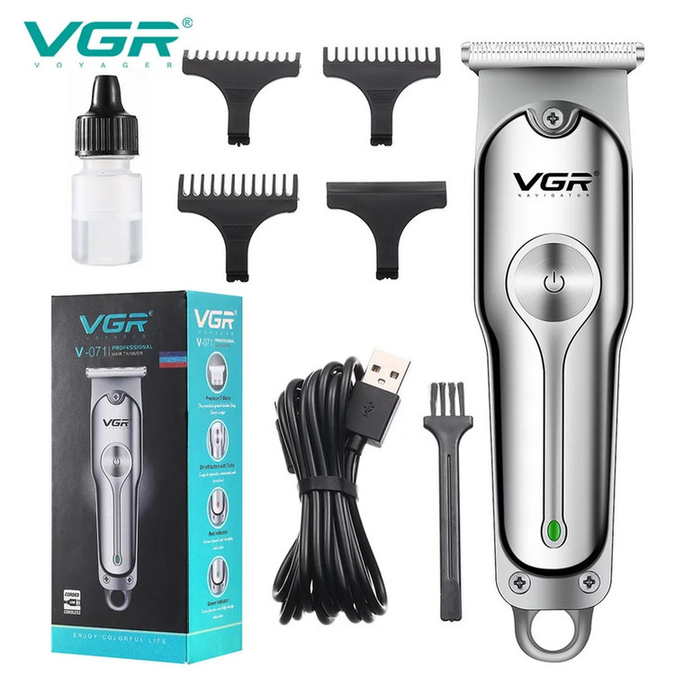 ماشین اصلاح موی سر و صورت وی جی ار مدل V-071 با تیغه دوار روکش الماس، موتور 8500 دور در دقیقه، باتری 600 میلیآمپر ساعت، شارژ USB، استفاده خشک و مرطوب و شانه قابل تنظیم دستی
