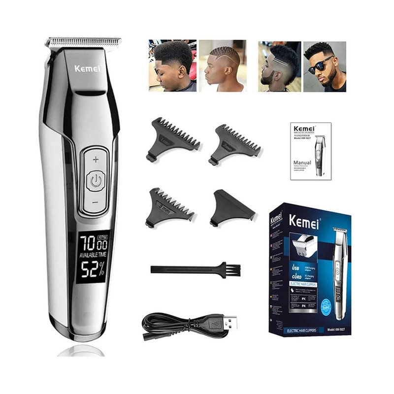 ماشین اصلاح موی سر و صورت کیمی مدل 5027 با باتری قابل شارژ 270 دقیقهای، سرعت موتور 7000 RPM، 4 حالت تنظیم سرعت، 3 عدد شانه قابل تنظیم و نمایشگر وضعیت باتری