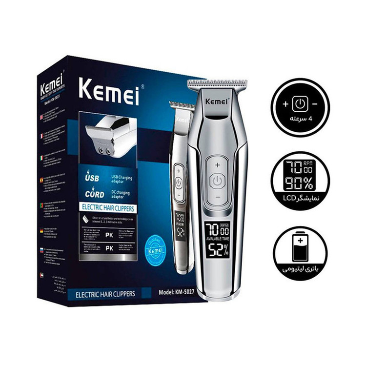 ماشین اصلاح موی سر و صورت کیمی مدل 5027 با باتری قابل شارژ 270 دقیقهای، سرعت موتور 7000 RPM، 4 حالت تنظیم سرعت، 3 عدد شانه قابل تنظیم و نمایشگر وضعیت باتری