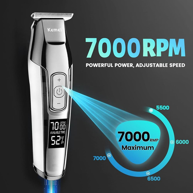 ماشین اصلاح موی سر و صورت کیمی مدل 5027 با باتری قابل شارژ 270 دقیقهای، سرعت موتور 7000 RPM، 4 حالت تنظیم سرعت، 3 عدد شانه قابل تنظیم و نمایشگر وضعیت باتری