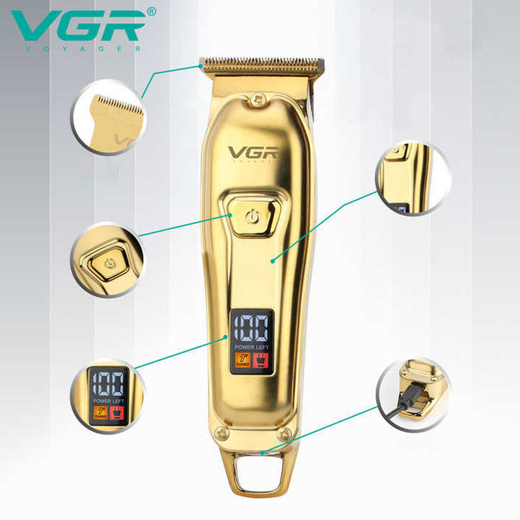 ماشین اصلاح موی سر و صورت وی جی آر مدل V-965 با تیغه استیل ضد زنگ، قابلیت اصلاح با شماره صفر، تنظیم سرعت، شانه قابل تنظیم و باتری 600 میلیآمپر ساعت با شارژ USB و طراحی ارگونومیک و مقاوم در برابر لغزش