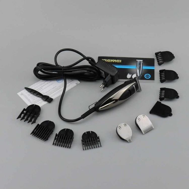 ماشین اصلاح موی سر و صورت جیمی مدل GM-830 با تیغه استیل ضد زنگ، برش مستقیم، قابلیت تنظیم سرعت، 7 شانه اصلاح از 0.2 تا 9 میلیمتر، وزن 200 گرم و منبع تغذیه برق با آداپتور