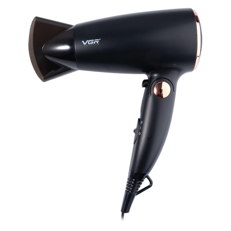 سشوار مسافرتی 1600 وات وی جی ار مدل V-439، موتور DC، وزن 300 گرم، المنت فلز، دارای سری متمرکزکننده باریک با ویژگی حجمدهندگی، با قابلیت باد سرد