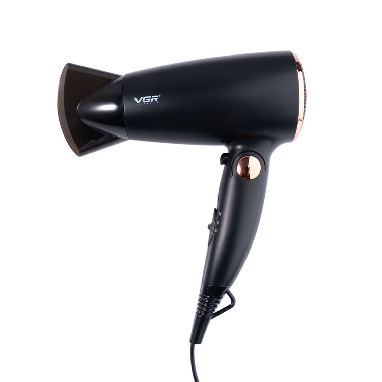 سشوار مسافرتی 1600 وات وی جی ار مدل V-439، موتور DC، وزن 300 گرم، المنت فلز، دارای سری متمرکزکننده باریک با ویژگی حجمدهندگی، با قابلیت باد سرد
