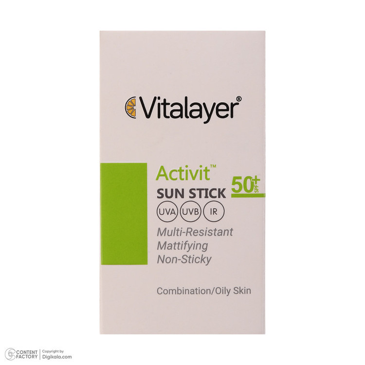 ضد آفتاب استیکی بیرنگ ویتالیر SPF 50 مدل اکتیویت محافظ UVA،UVB,IR مناسب پوستهای مختلط و چرب وزن 15 گرم