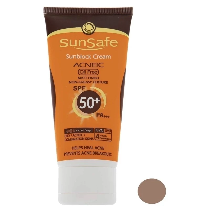 کرم ضدآفتاب و آنتی آکنه رنگی(بژ طبیعی) سان سیف مدل spf50، مناسب پوستهای چرب، حجم 50 میلی لیتر