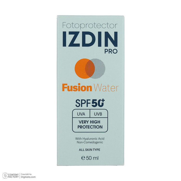 فلوئید ضد آفتاب بیرنگ صورت و گردن ایزدین پرو SPF 50 مدل Fusion Water محافظ در برابر اشعه UVA و UVB مناسب برای انواع پوست حجم 50 میلیلیتر