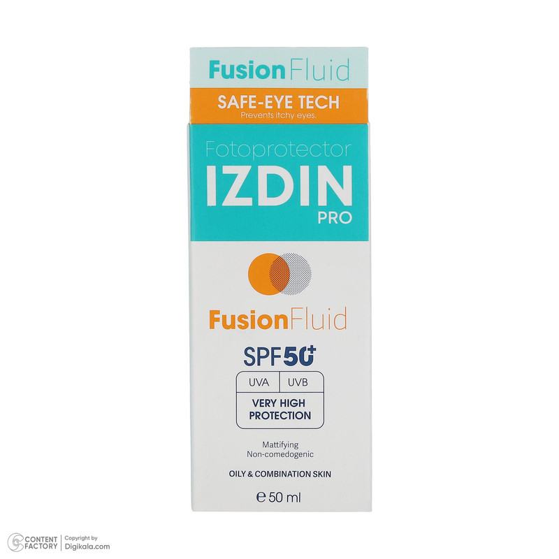 فلوئید ضد آفتاب بیرنگ صورت و گردن ایزدین پرو SPF 50 مدل Safe Eye Tech محافظ در برابر اشعه UVA و UVB مناسب برای پوست چرب و مختلط حجم 50 میلیلیتر
