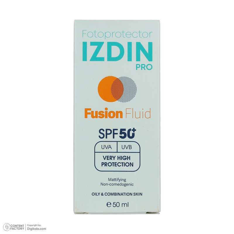 فلوئید ضد آفتاب بیرنگ صورت و گردن ایزدین پرو SPF 50 مدل Safe Eye Tech محافظ در برابر اشعه UVA و UVB مناسب برای پوست چرب و مختلط حجم 50 میلیلیتر