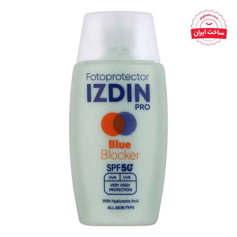 فلوئید ضد آفتاب بیرنگ صورت و گردن ایزدین پرو SPF 50 مدل Blue Blocker محافظ در برابر اشعه UVA و UVB مناسب برای انواع پوست حجم 50 میلیلیتر