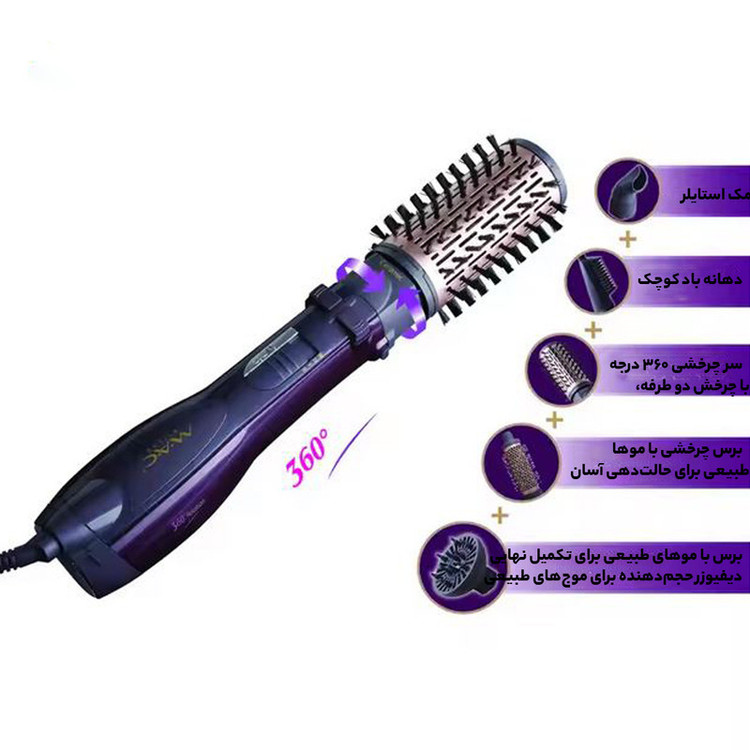 سشوار برسدار چرخشی 1200 وات مک استایلر مدل MC-6651، موتور AC، وزن 400 گرم، المنت سرامیک، دارای سری دیسپانسر با ویژگی فرکنندگی، با قابلیت باد سرد، فناوری تولید یون