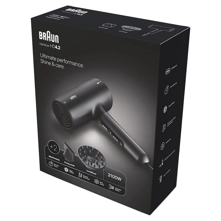 سشوار حرفهای 2100 وات براون مدل HD425، موتور DC، وزن 500 گرم، دارای سری دیسپانسر، متمرکزکننده باریک با ویژگی فرکنندگی، صافکنندگی، حجمدهندگی، با قابلیت تنظیم دما