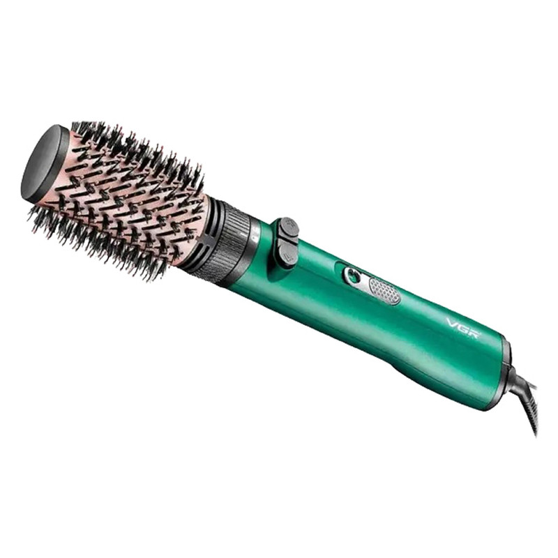 سشوار برسدار چرخشی 1200 وات وی جی ار مدل v-498، موتور DC، وزن 500 گرم، دارای سری برسدار گرد باریک، سری برسدار گرد پهن با ویژگی صافکنندگی، حجمدهندگی، با قابلیت باد سرد، فناوری تولید یون