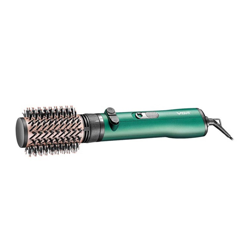 سشوار برسدار چرخشی 1200 وات وی جی ار مدل v-498، موتور DC، وزن 500 گرم، دارای سری برسدار گرد باریک، سری برسدار گرد پهن با ویژگی صافکنندگی، حجمدهندگی، با قابلیت باد سرد، فناوری تولید یون