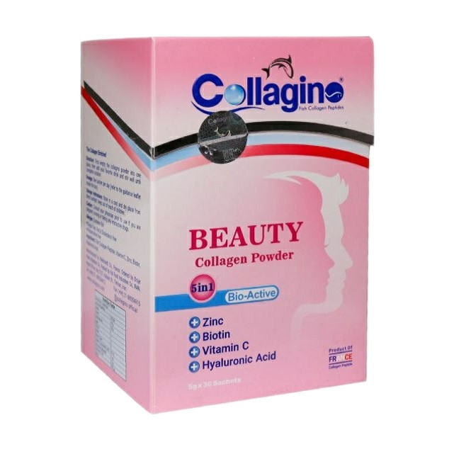 پودر کلاژن تقویتکننده پوست، مو و ناخن کلاژینو بیوتی مدل Beauty حاوی کلاژن پپتاید ماهی، ویتامین سی، زینک، بیوتین و هیالورونیک اسید، مکمل 5 در 1 ضدپیری و آنتیاکسیدان ساخت فرانسه، بسته 30 عددی