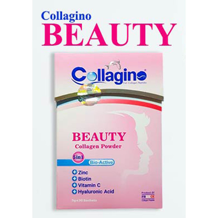 پودر کلاژن تقویتکننده پوست، مو و ناخن کلاژینو بیوتی مدل Beauty حاوی کلاژن پپتاید ماهی، ویتامین سی، زینک، بیوتین و هیالورونیک اسید، مکمل 5 در 1 ضدپیری و آنتیاکسیدان ساخت فرانسه، بسته 30 عددی