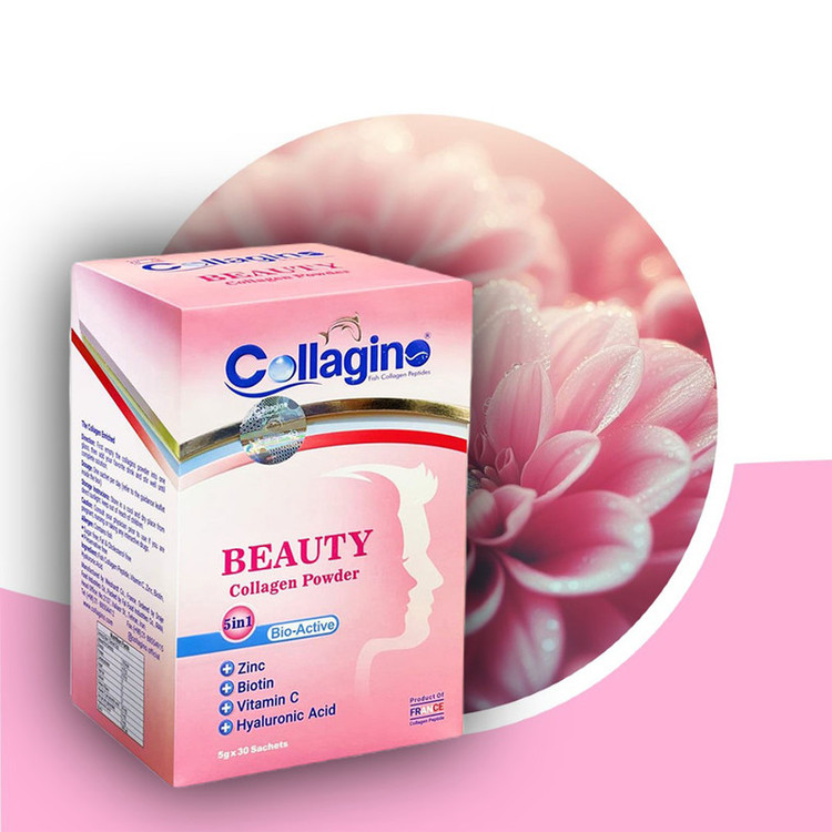 پودر کلاژن تقویتکننده پوست، مو و ناخن کلاژینو بیوتی مدل Beauty حاوی کلاژن پپتاید ماهی، ویتامین سی، زینک، بیوتین و هیالورونیک اسید، مکمل 5 در 1 ضدپیری و آنتیاکسیدان ساخت فرانسه، بسته 30 عددی