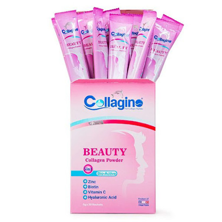 پودر کلاژن تقویتکننده پوست، مو و ناخن کلاژینو بیوتی مدل Beauty حاوی کلاژن پپتاید ماهی، ویتامین سی، زینک، بیوتین و هیالورونیک اسید، مکمل 5 در 1 ضدپیری و آنتیاکسیدان ساخت فرانسه، بسته 30 عددی