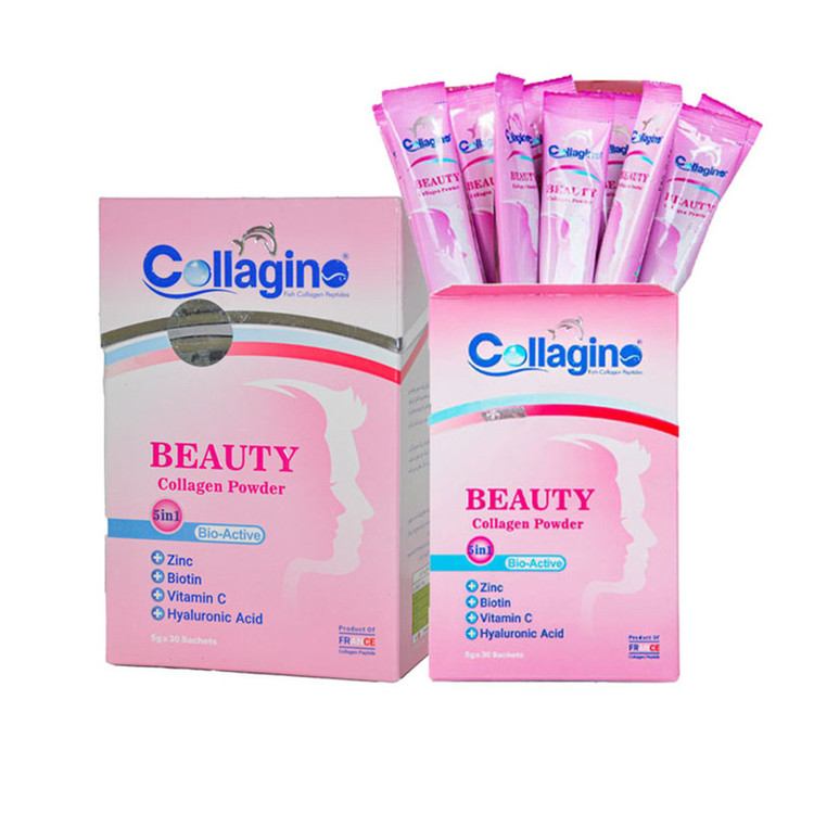 پودر کلاژن تقویتکننده پوست، مو و ناخن کلاژینو بیوتی مدل Beauty حاوی کلاژن پپتاید ماهی، ویتامین سی، زینک، بیوتین و هیالورونیک اسید، مکمل 5 در 1 ضدپیری و آنتیاکسیدان ساخت فرانسه، بسته 30 عددی