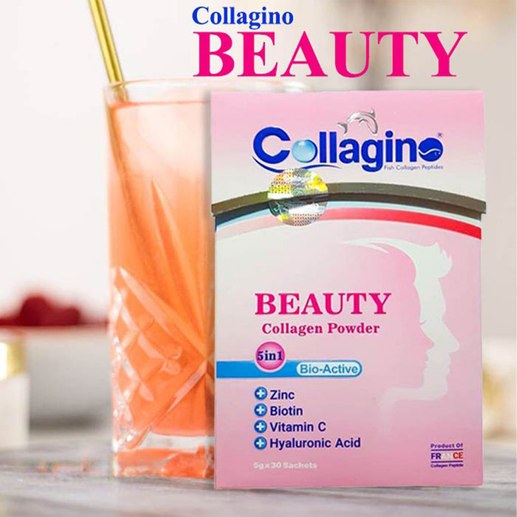 پودر کلاژن تقویتکننده پوست، مو و ناخن کلاژینو بیوتی مدل Beauty حاوی کلاژن پپتاید ماهی، ویتامین سی، زینک، بیوتین و هیالورونیک اسید، مکمل 5 در 1 ضدپیری و آنتیاکسیدان ساخت فرانسه، بسته 30 عددی