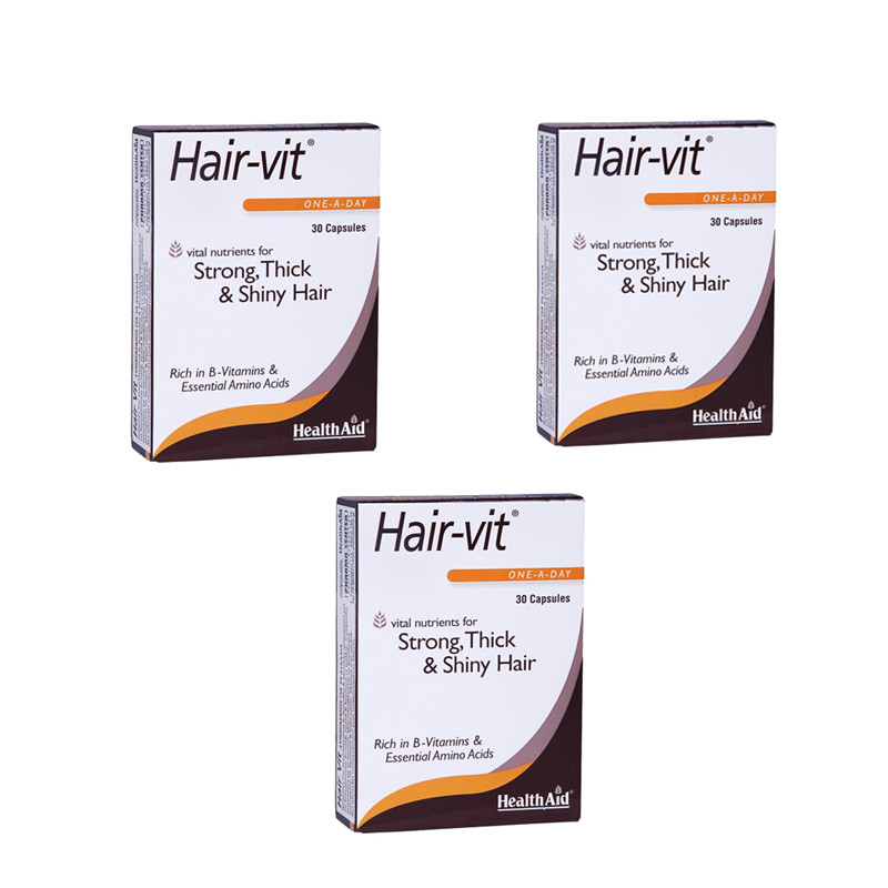 قرص تقویت مو هلث اید مدل Hair-vit بسته سه‌تایی 30 عددی، حاوی ویتامین‌های گروه B و آمینواسیدهای ضروری برای استحکام، ضخامت و درخشندگی مو، مناسب بزرگسالان و افراد بالای 16 سال