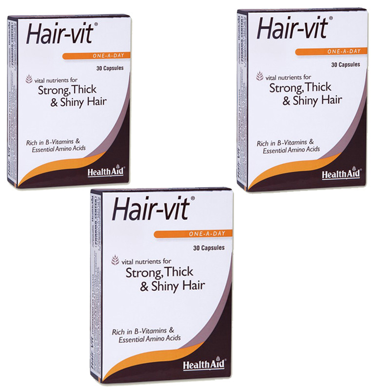 قرص تقویت مو هلث اید مدل Hair-vit بسته سهتایی 30 عددی، حاوی ویتامینهای گروه B و آمینواسیدهای ضروری برای استحکام، ضخامت و درخشندگی مو، مناسب بزرگسالان و افراد بالای 16 سال
