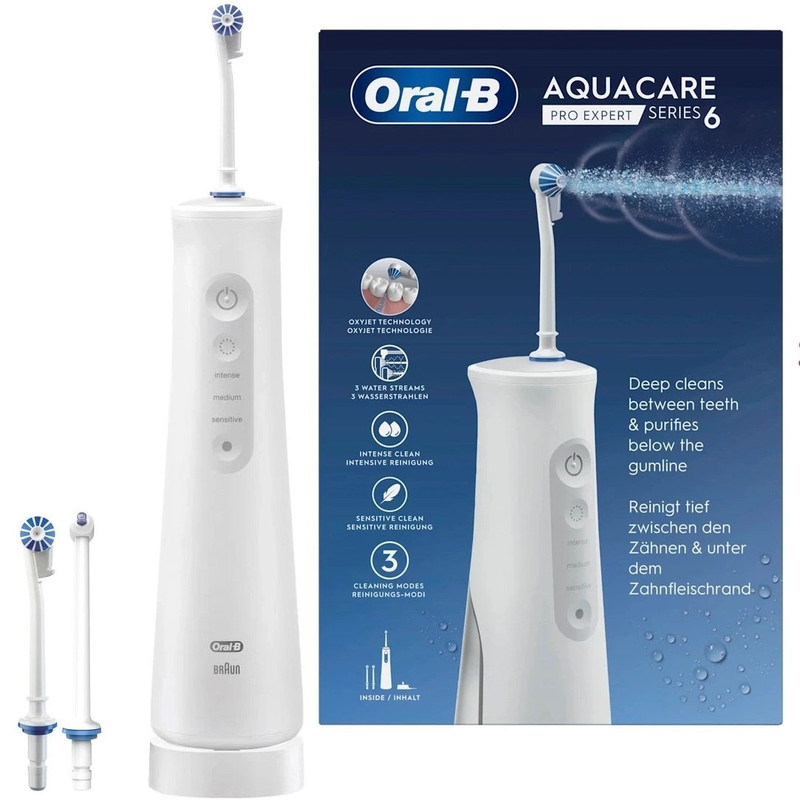 دستگاه شست‌وشوی دهان و دندان شارژی اورال-بی مدل Aquacare 6 به همراه 2 سری
