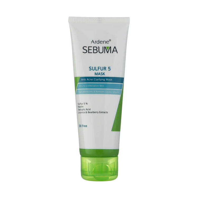 ماسک صورت آردن سبوما مدل Sulfur 5 حجم 75 میلیلیتر مناسب پوست مختلط با خاصیت ضد جوش، پاکسازی منافذ، جذب چربی اضافه، التیامدهنده و بازسازیکننده پوست، حاوی عصاره لیکوریس، چای سبز و آویشن