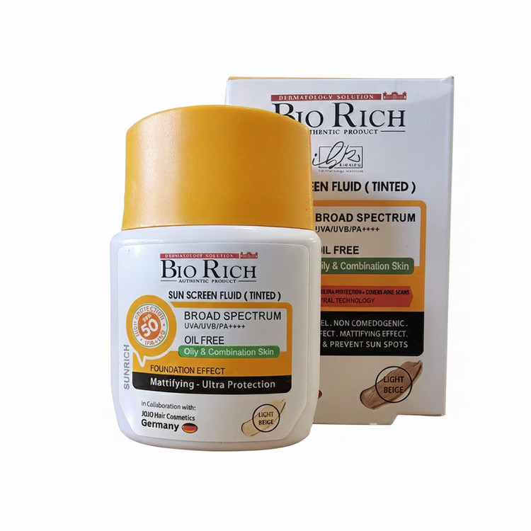 فلوئید ضد آفتاب رنگی بایوریچ SPF 50 مدل BROAD SPECTRUM محافظ UVA ،UVB و PA+++،مناسب برای پوست چرب و مختلط حجم 50 میلیلیتر