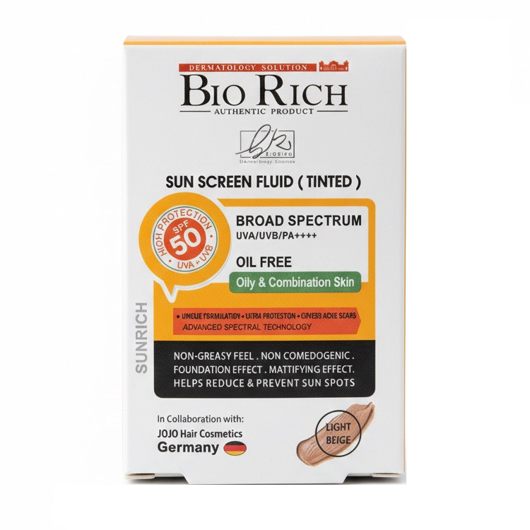 فلوئید ضد آفتاب رنگی بایوریچ SPF 50 مدل BROAD SPECTRUM محافظ UVA ،UVB و PA+++،مناسب برای پوست چرب و مختلط حجم 50 میلیلیتر