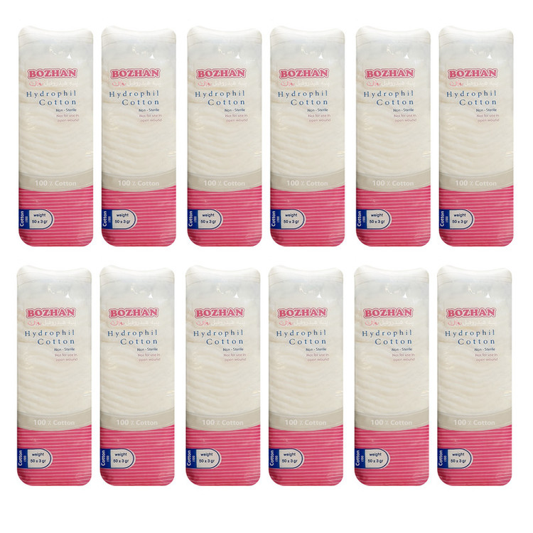 پنبه هیدروفیل بوژان مدل Cotton وزن 50 گرم مجموعه 12 عددی