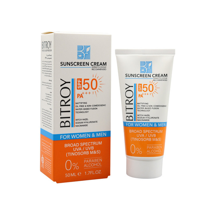 کرم ضد آفتاب بدون رنگ بیتروی SPF 50 مدل فیوژن واتر مناسب پوستهای چرب حجم 50 میلیلیتر