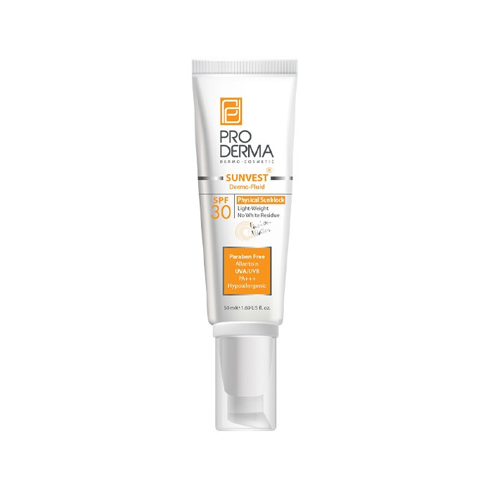 فلوئید ضدآفتاب بیرنگ پردرما SPF30 مدل سان وست حاوی محافظ UVA ،UVB و ضدآب، حاوی ویتامین E، مناسب انواع پوست، حجم 50 میلیلیتر