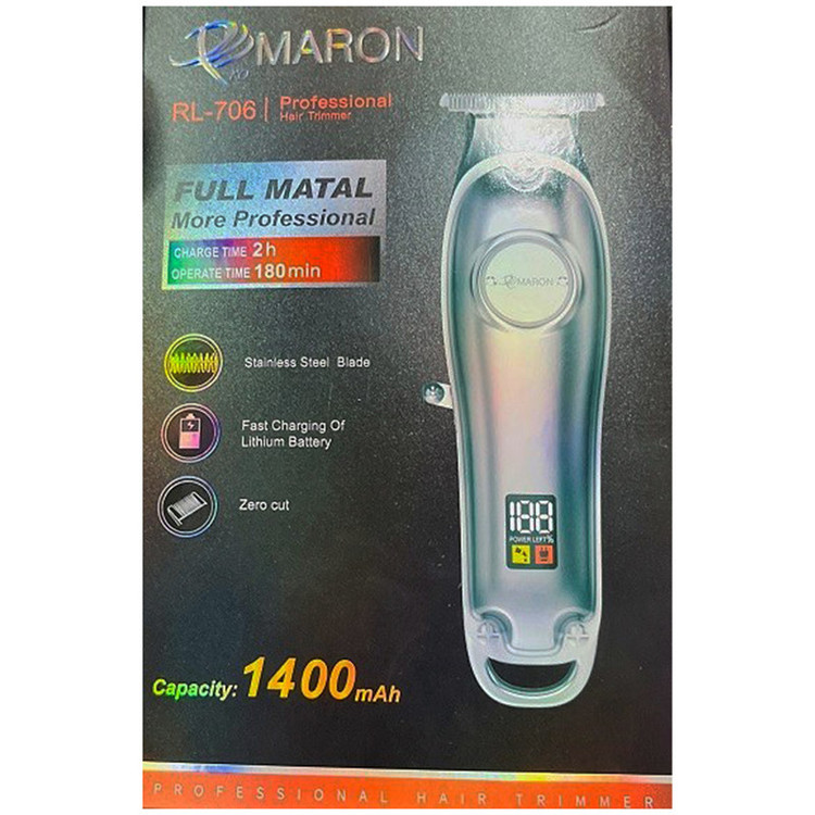 ماشین اصلاح موی سر و صورت پرومارون مدل RL706 با تیغه کروم و استیل ضدزنگ، باتری 600mAh، نمایشگر دیجیتال، قابلیت اصلاح صفر، شانه متحرک 2 تا 4 میلیمتر، طراحی ارگونومیک و مقاوم در برابر ضربه، شارژ سریع 50 دقیقهای و منبع انرژی باتری قابل شارژ