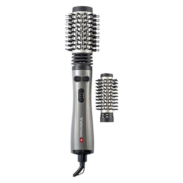 سشوار برسدار چرخشی 1200 وات والوروس مدل VL-507، موتور AC، وزن 950 گرم، المنت سرامیک، دارای سری برسدار گرد باریک، سری برسدار گرد پهن با ویژگی فرکنندگی، صافکنندگی، حجمدهندگی، با قابلیت تنظیم دما
