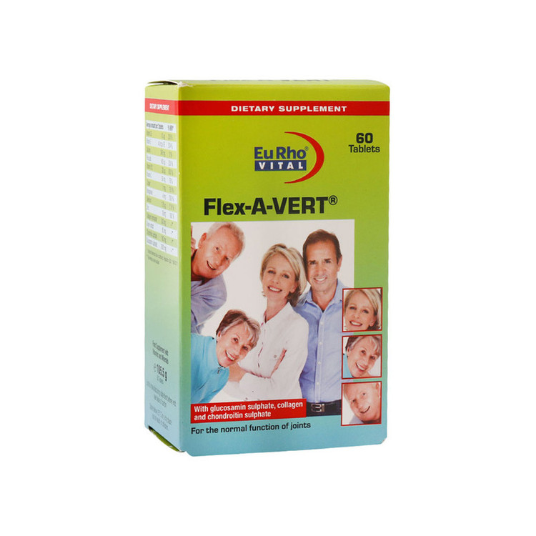 مکمل غذایی حفظ سلامت مفاصل، استخوان و دندان یوروویتال Flex-A-Vert مدل 60 عددی حاوی گلوکزامین، کندرویتین و کلاژن هیدرولیز شده؛ کمک به ترمیم غضروف، کاهش درد آرتروز، افزایش انعطافپذیری و پیشگیری از پوکی استخوان