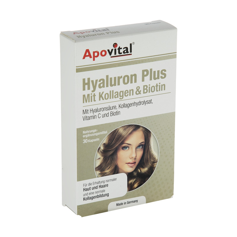 کپسول مکمل تقویت پوست، مو و ناخن آپوویتال مدل Hyaluron Plus بسته 30 عددی، حاوی هیالورونیک اسید، کلاژن هیدرولیز شده، ویتامین C و بیوتین، کمک به کنترل ریزش مو، افزایش رطوبت و کاهش چین و چروک پوست، تقویت سیستم ایمنی بدن