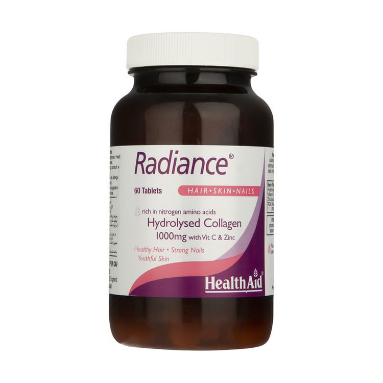 قرص کلاژن هیدرولیز شده هلث اید مدل Radiance با 1000 میلیگرم کلاژن، ویتامین C و زینک، بهبود سلامت پوست، مو و ناخن، تقویت مفاصل و افزایش استحکام ناخنها، بسته 60 عددی