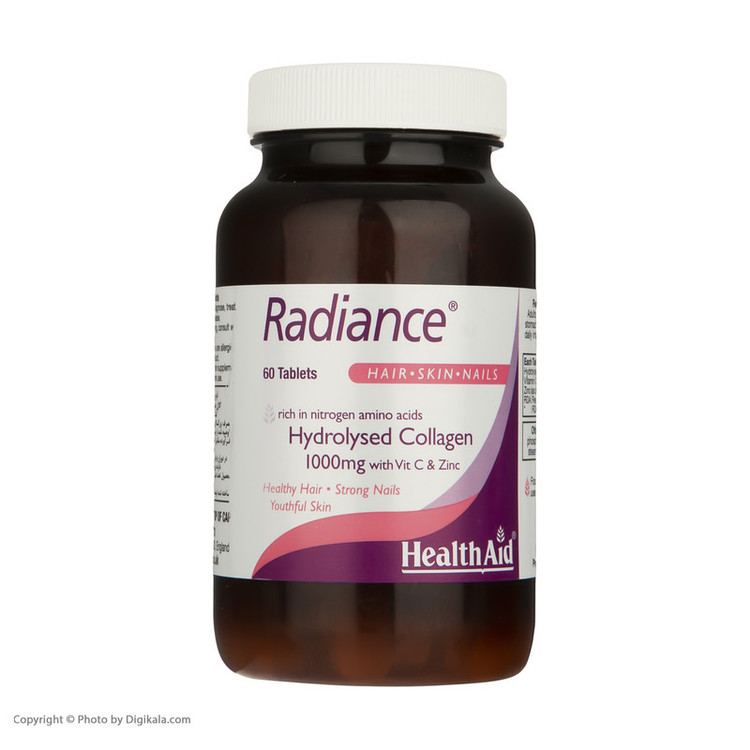 قرص کلاژن هیدرولیز شده هلث اید مدل Radiance با 1000 میلیگرم کلاژن، ویتامین C و زینک، بهبود سلامت پوست، مو و ناخن، تقویت مفاصل و افزایش استحکام ناخنها، بسته 60 عددی