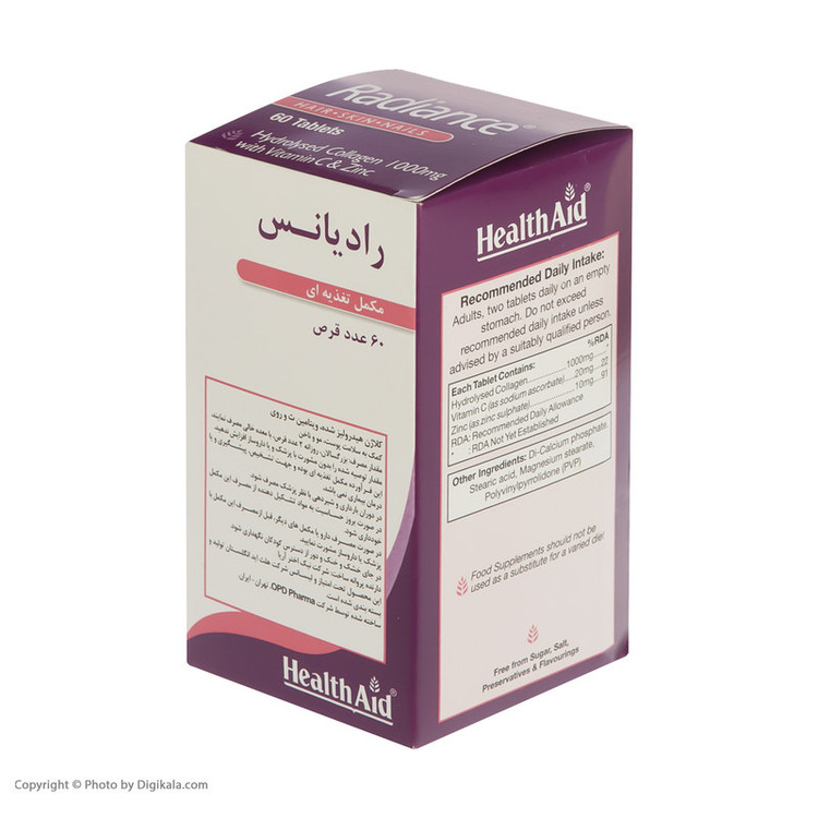 قرص کلاژن هیدرولیز شده هلث اید مدل Radiance با 1000 میلیگرم کلاژن، ویتامین C و زینک، بهبود سلامت پوست، مو و ناخن، تقویت مفاصل و افزایش استحکام ناخنها، بسته 60 عددی