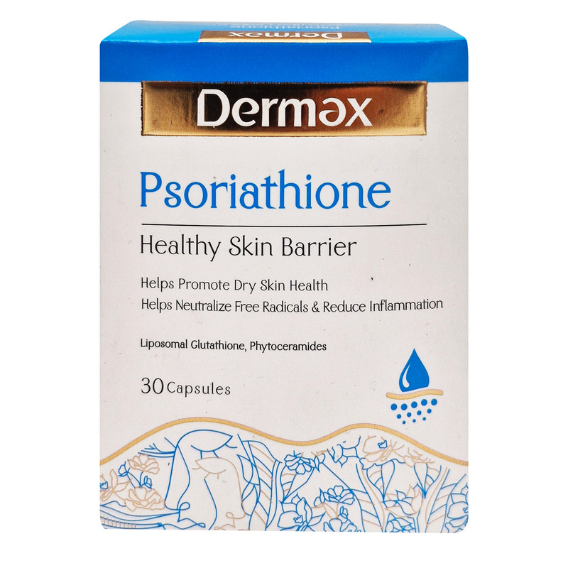 کپسول مکمل سلامت پوست درمکس سوریاتیون مدل Psoriathione با فرمولاسیون گلوتاتیون لیپوزومال و فیتوسرامید، حفظ رطوبت و استحکام پوست، کاهش چین و چروک و عوارض پسوریازیس، ضد التهاب و آنتیاکسیدان، تقویت مو و ناخن، فاقد گلوتن و نگهدارنده، بسته 30 عددی