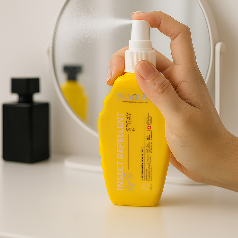 اسپری دافع حشرات سی گل مدل Insect Repellent حجم 100 میلیلیتر با ماندگاری 8 ساعت، حاوی عصاره چریش و اسید آمینه بتا آلانین، مناسب بزرگسالان و کودکان بالای یک سال، ضد حساسیت و ضد ورم پوست